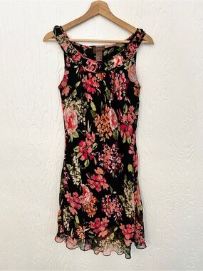 VINTAGE Y2K Jessica Floral Midi Dress Chiffon Small Pink Black Party Event‎
